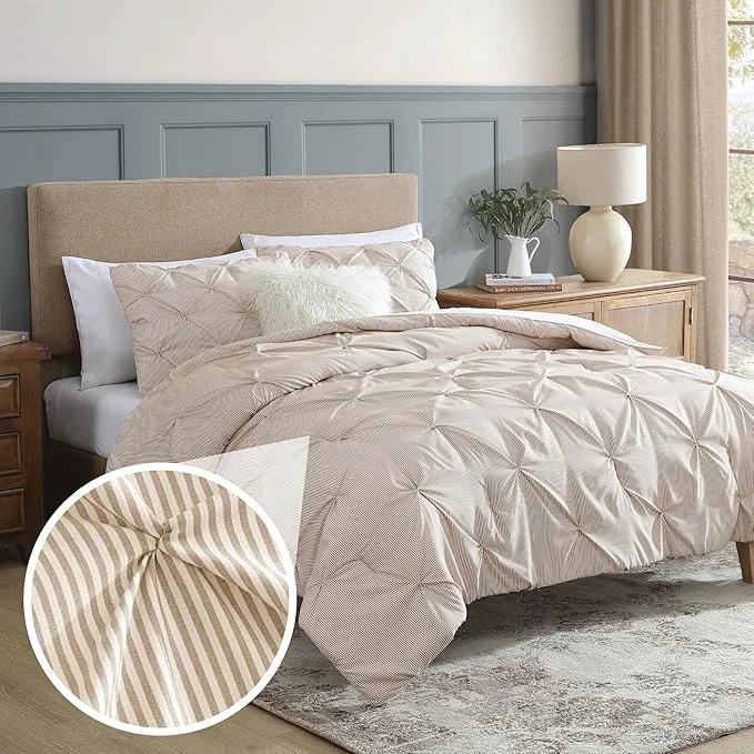 Contemporary Swift Home Full Queen Pinstripe Taupe Comforter Set – Classic Pintuck Bedding Set – 3 Pieces Bed Linen 1 Comforter and 2 Pillow Shams Excellent