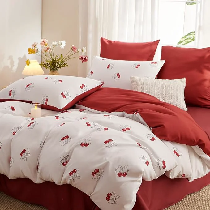 Sophisticated White Comforter Set Full Size – Red Cherry Quilt Bedding Set 3 Pieces Comforter Set Full Soft amp Lightweight Comforter 79 x 90 for Girl All Season amp 2 Pillowcases 30 x20 Minimalist