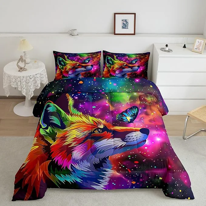 Optimized Fox Print Bedding Set Queen Cartoon Fox Butterfly Comforter Set for Kid Girl Boys 3D Animal Theme Colorful Galaxy Painting Quilt Duvet Starry Sky Down Comforter Home Room Decor with 2 Pillow Cases High-Performance