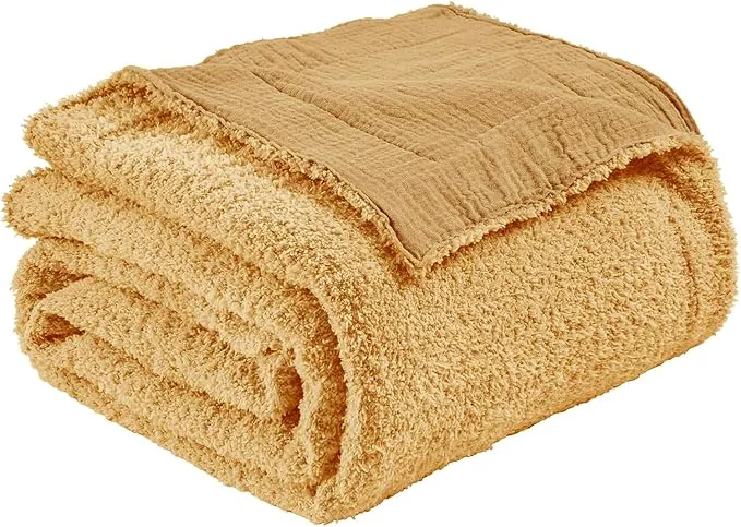 Next-Generation EMME Muslin and Fleece Twin Blanket Reversible – 60 quot 80 quot Beige Soft Warm Throw Blankets for Couch Bed Picnic Travel Bed Proven