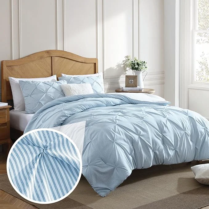 Reliable Swift Home Twin Twin XL Pinstripe Chambray Blue Comforter Set – Classic Pintuck Bedding Set – 2 Pieces Bed Linen 1 Comforter and 1 Pillow Sham Casual