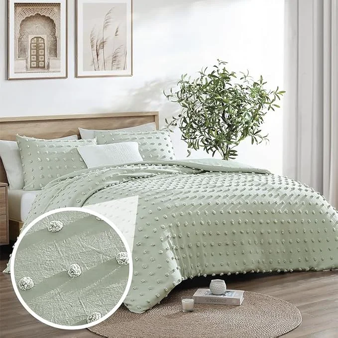 Trusted Swift Home King Sage Comforter Set – Decorative Tufted Pom Poms Bedding Set – 3 Pieces Bed Linen 1 Comforter and 2 Pillow Shams Comfortable