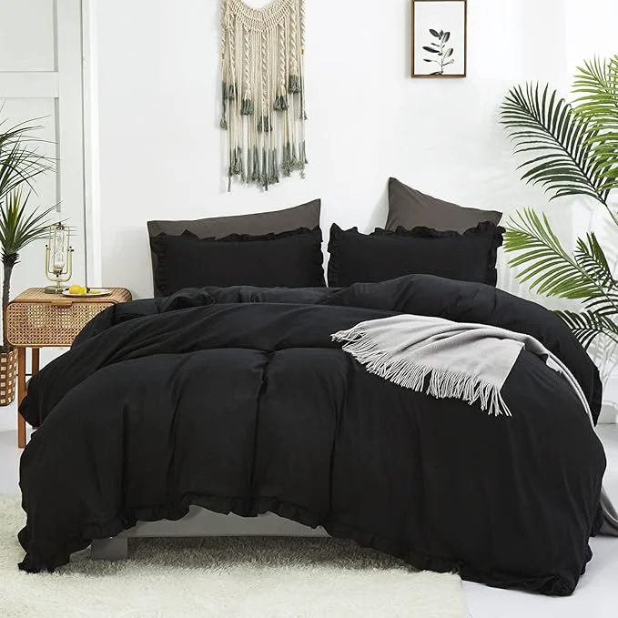 Responsible Luxlovery Black Ruffle Comforter Champagne Farmhouse Bedding – California King – Shabby Boho Taupe Blanket Quilts – All Black Color Bohemian Comforter Set Fine Crafted