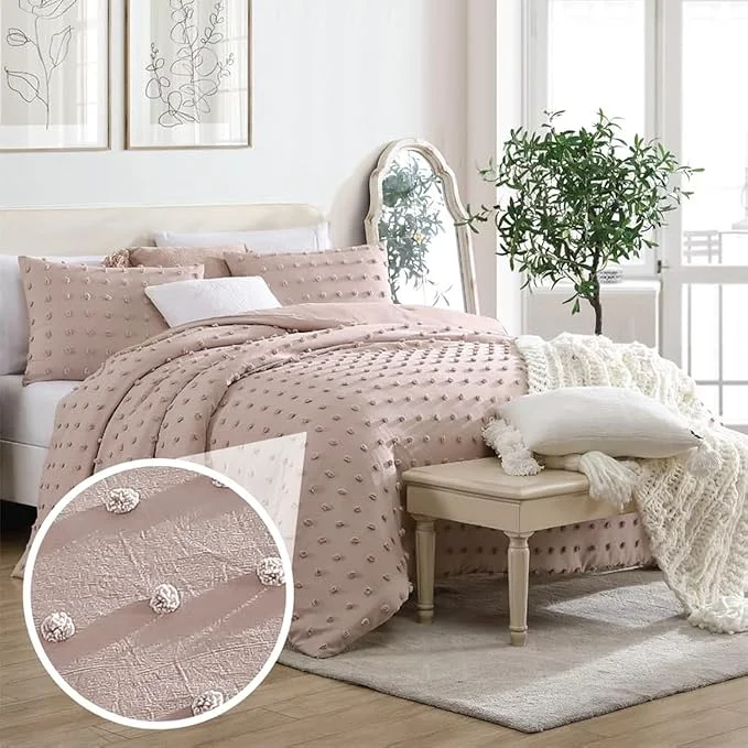 Reusable Swift Home King Blush Comforter Set – Decorative Tufted Pom Poms Bedding Set – 3 Pieces Bed Linen 1 Comforter and 2 Pillow Shams Environmentally Friendly