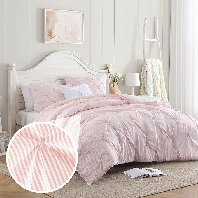 High-Quality Swift Home King Pinstripe Peach Pink Comforter Set – Classic Pintuck Bedding Set – 3 Pieces Bed Linen 1 Comforter and 2 Pillow Shams Premium Material