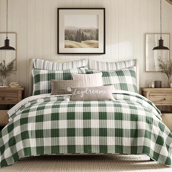 Elegant Levtex Home Camden Green Reversible Twin XL Twin Quilt Set 68x86in with 1 Pillow Sham 26x20in – Buffalo Check – Green – Cotton Twin Size Quilt Bedding Set – Lightweight Soft Pre-Washed High-End