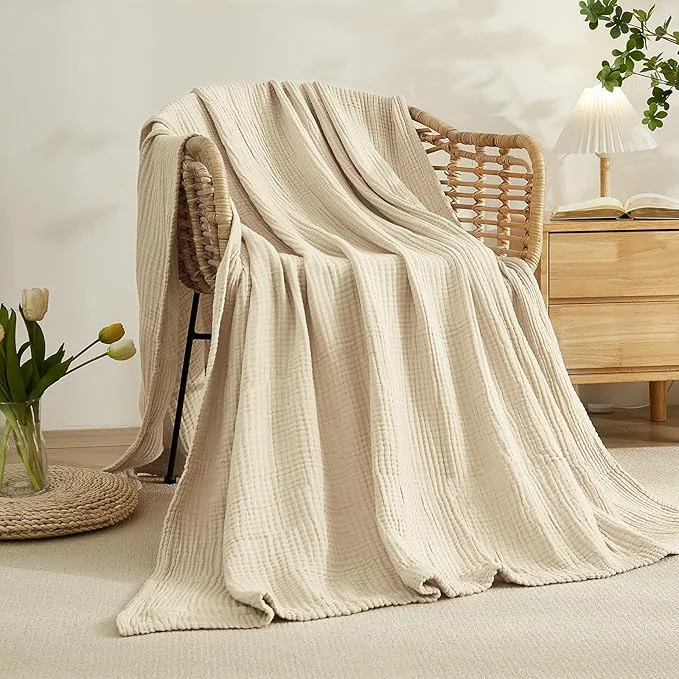 Original EMME Cotton Muslin Blanket Twin XL – 66 quot x90 quot Lightweight Breathable Light Tan Layering Bedspread Coverlet All Season Gauze Detailed