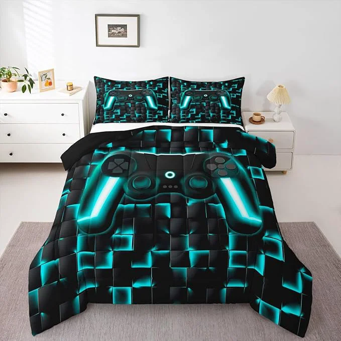 Professional Erosebridal Gaming Bedding Set Queen Comforter Set for Boys Kids Geometric Gamer Bedding Sets Teal Black Ombre Checkered Gamepad Quilt Duvet Neon Game Console Bed Cmforter Set 3 Pcs Premium Material
