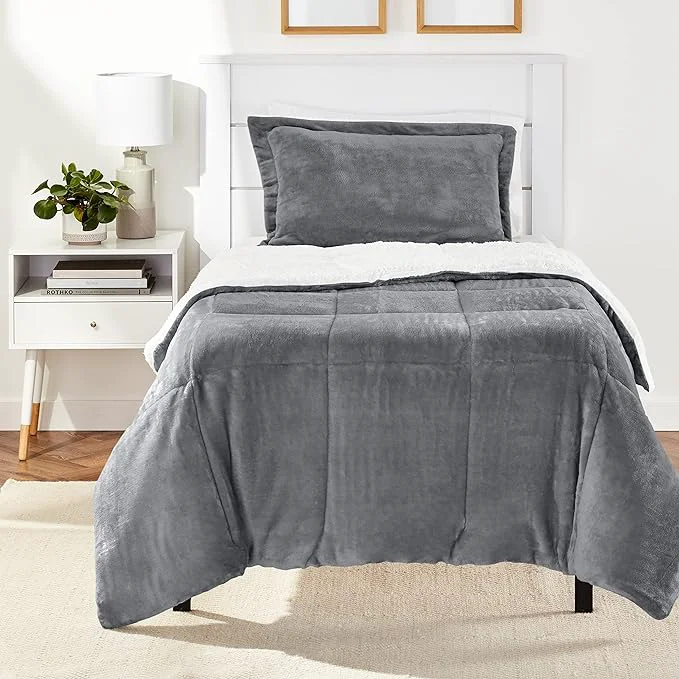 Pure Amazon Basics 2-Piece Ultra-Soft Micromink Sherpa Warm All Season Comforter Bedding Set Twin Charcoal Fast