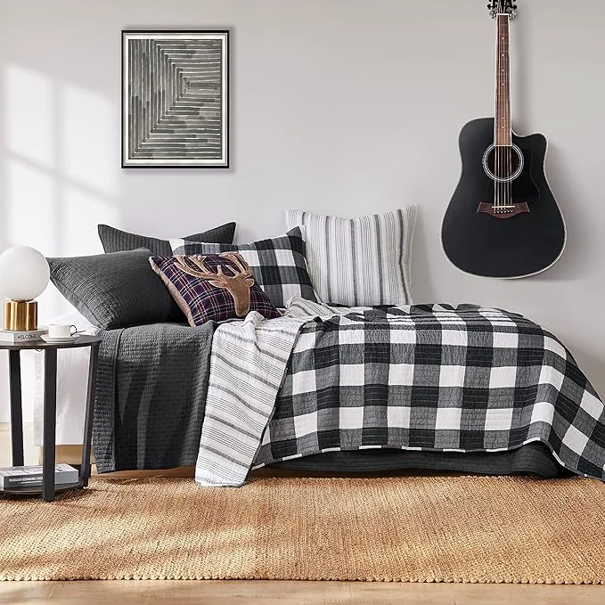 Healthy Levtex Home – Camden Quilt Set -Twin Twin XL Quilt 68 x 86 in. One Standard Pillow Sham 26 x 20 in. – Buffalo Check in Black and Cream – Reversible Pattern – Cotton Contemporary