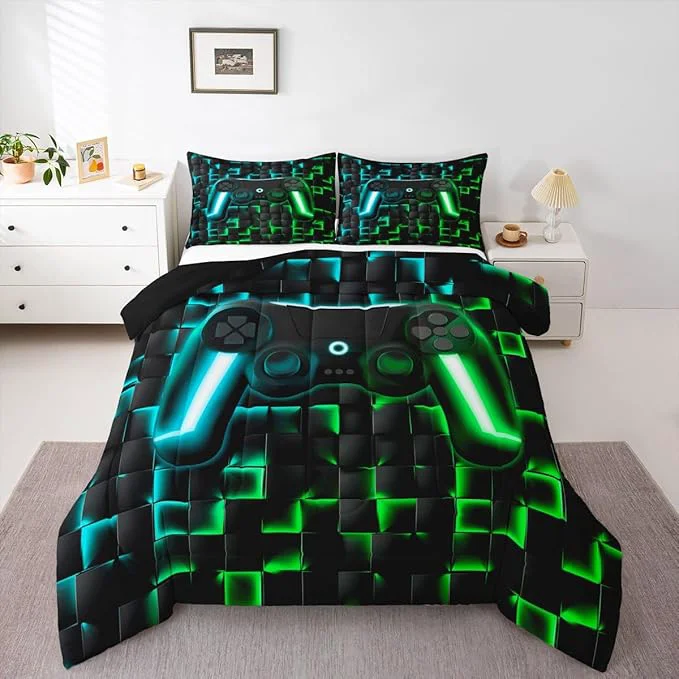 Crafted Erosebridal Gaming King Comforter Set for Boys Kids Gamer Bedding Sets 3D Geometric Ombre Gamepad Bed Comforter Set for Teen Men Neon Lights Video Game Quilt Duvet Soft Lightweight for All Season Long-Lasting