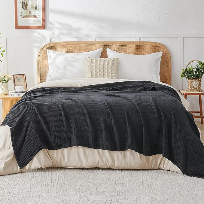EMME Cotton Muslin King Blanket Bed Layering Breathable Gauze Blanket Soft Lightweight Blankets Adults Black 108 quot x90 quot Relaxed