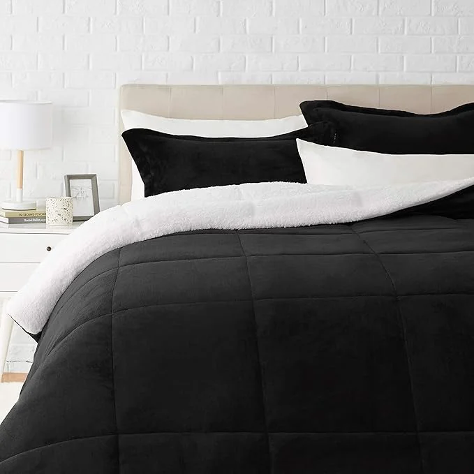 Contemporary Amazon Basics 3-Piece Micromink Sherpa Down Comforter Bedding Set Ultra-Soft Warm All Season Machine Washable King Black Solid Fine