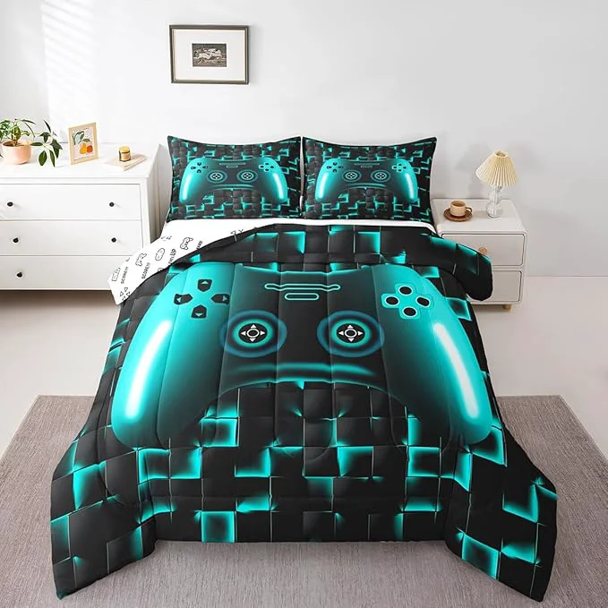 Original Design Erosebridal Boys Gaming Queen Size Bedding Set for Kids Gamer Comforter Sets for Teen Boys Game Controller Bedroom Decor Neon Teal Glowing Geometric Grid Bedding Black Abstract Check Square Comforter Expertly Made