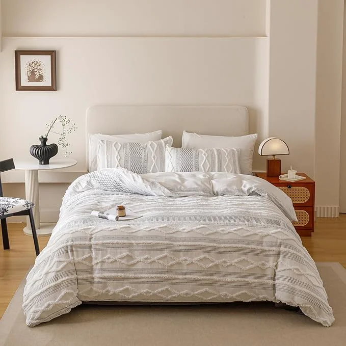Natural Luxlovery Boho White Comforter Set Queen Women Men Farmhouse White Black Jacquard Bedding Set Bohemian Country Blanket Quilts Durable Soft Breathable 3PCS Comforter Set Queen Bed Prestigious