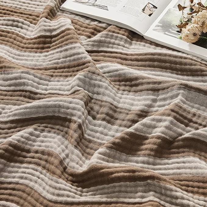 Enhanced EMME Cotton Muslin Twin Blanket Breathable Gauze Soft Lightweight Adults Gifts for Women Striped Brown 60 quot x80 quot Durable
