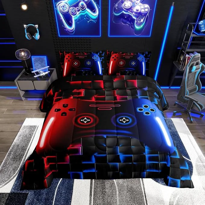 Luxury Erosebridal Gaming Bedding Sets for Boys Queen Size Comforter Sets for Boys Girls Kids 3D Gamer Geometric Comforter Game Console Lightweight Microfiber Duvet Quilt Neon Red Blue Black Glowing Classic