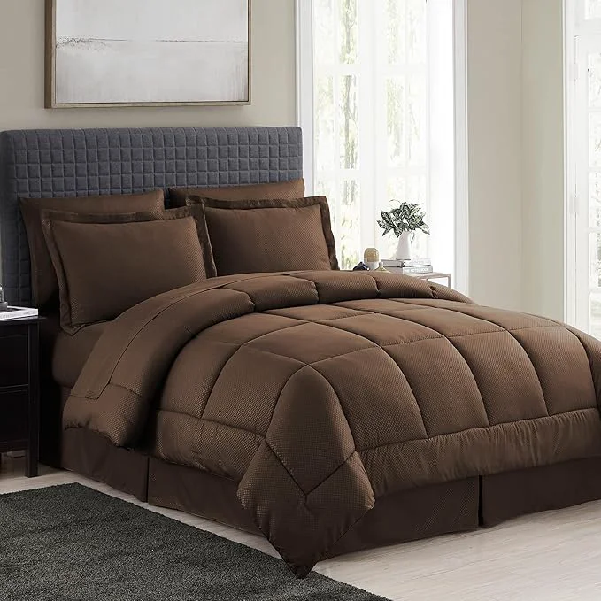 Quality Queen Comforter Set 8 Piece Bed in a Bag with Bed Skirt Fitted Sheet Flat Sheet 2 Pillowcases 2 Pillow Shams Queen Checkered Chocolate Versatile