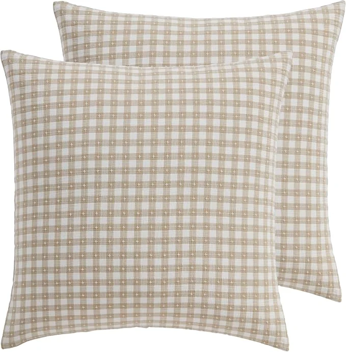 Detailed Levtex Home – Camden Gingham Stitch Euro Sham Set of 2 – Textured Gingham – Taupe and Cream – Reversible – Cotton – Tie Closure Back – Pillow Inserts Not Included Comfortable
