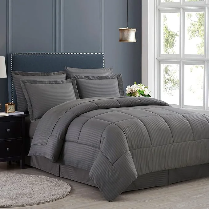 Fine Crafted Twin Comforter Set 6 Piece Bed in a Bag with Bed Skirt Fitted Sheet Flat Sheet 1 Pillowcase and 1 Pillow Sham Twin Dobby Gray Exclusive