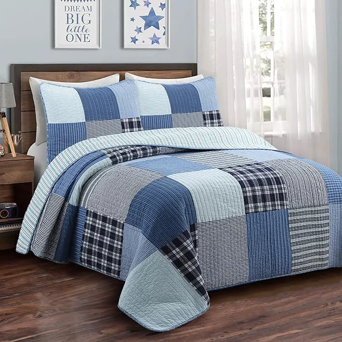 Breathable Cozy Line Home Fashions Plaid Patchwork Bedding Quilt Set Navy Blue Cotton Reversible Coverlet Bedspread for Kids Teen Boy Craver Twin – 2 Piece Fine Crafted