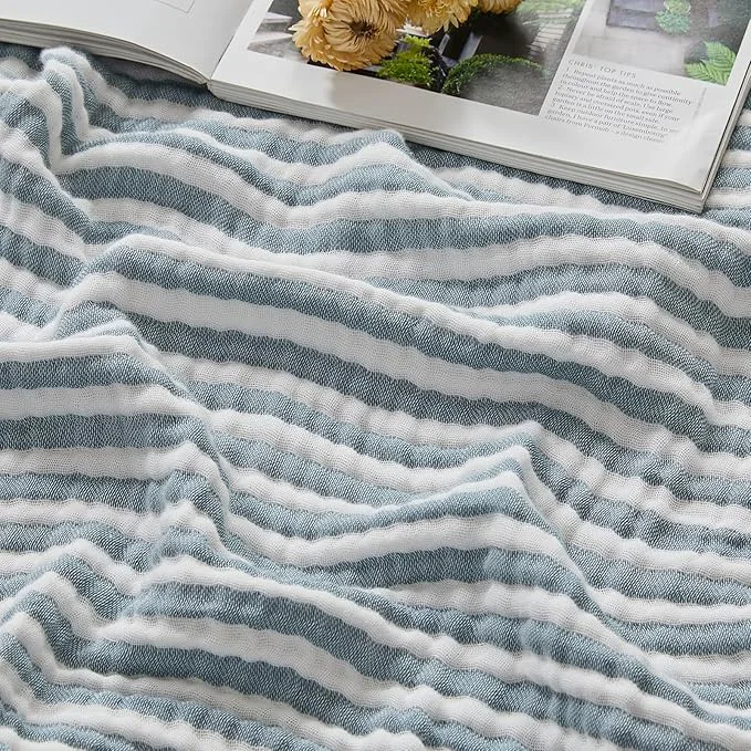Unique EMME Cotton Muslin King Blanket Bed Layering Bedspread Coverlet Breathable Gauze Soft Lightweight Striped Teal 108 quot x90 quot Detailed