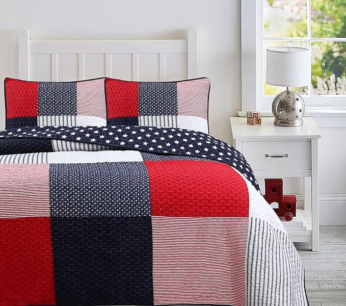 Refined Cozy Line Home Fashions Cotton Sailor Navy Blue Star Striped Print Cotton Reversible Bedding Quilt Set Patriotic Patchwork Twin Specialty