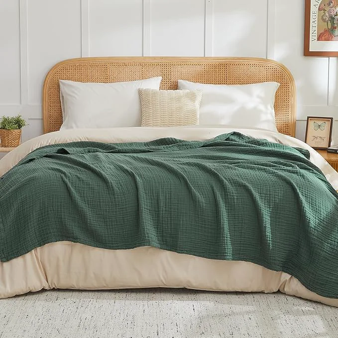 Fine EMME Cotton Muslin King Blanket Bed Layering Breathable Gauze Blanket Soft Lightweight Blankets Adults Forest Green 108 quot x90 quot Reusable