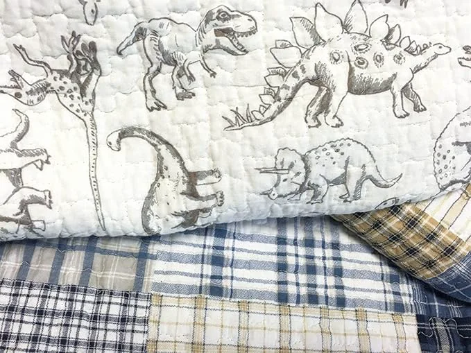 Modern Cozy Line Home Fashions Benjamin Cute Dinosaur Plaid Navy Blue White Grey Bedding Quilt Set Cotton Reversible Coverlet Bedspread Set for Kids Boy Queen – 3 Piece Pure