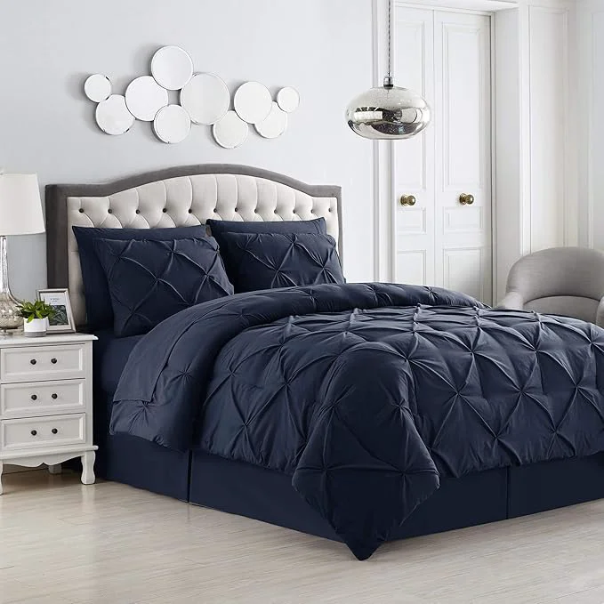 Detailed Comforter Set 8 Piece Bed in a Bag Design Bed Sheets 2 Pillowcases amp 2 Shams Down All Season Warmth King Pintuck Navy Pack of 3 Lightweight