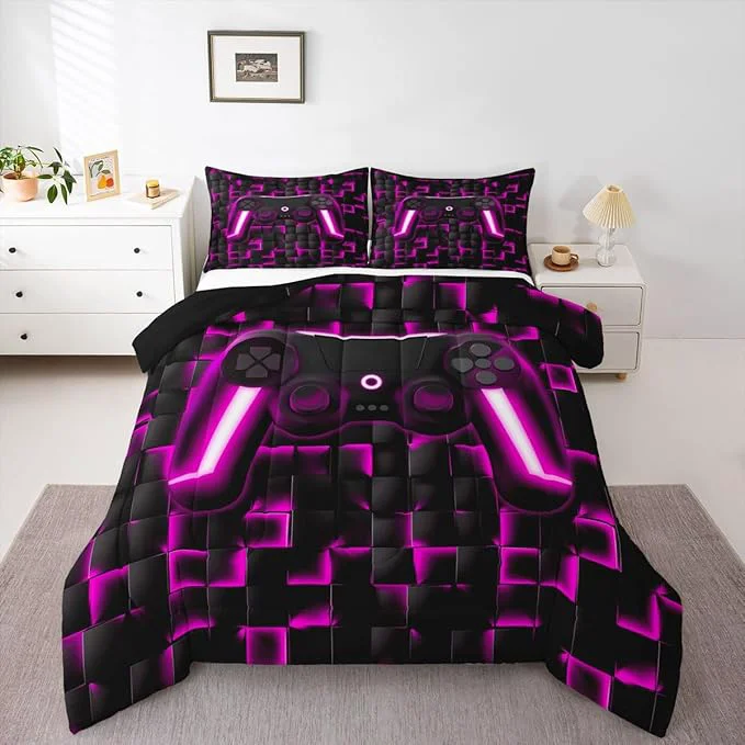 Trendy Erosebridal Video Game Comforter Set Queen Gaming Down Comforter Gaming Bedding Sets for Kids Boys Girls Teen 2 Pcs Black Purple Checkered Gamepad Bed Set Neon Lights Geometric Lightweight Quilt Breathable