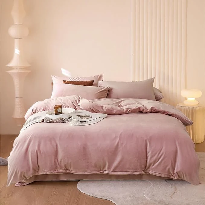 High-End Luxlovery Pink Velvet Comforter Set Full Dusty Pink Flannel Plush Bedding Comforter Set Winter Thick Warm Solid Haze Pink Quilts Blanket Soft Heavyweight Comforter Set for Full Bed Classic
