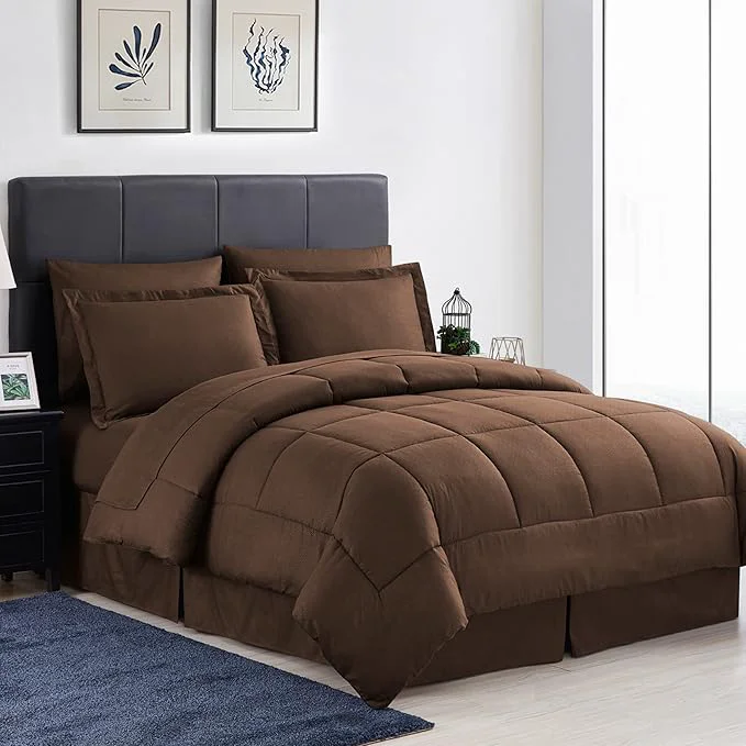 Dependable King Size Comforter Set 8 Piece Bed in a Bag with Bed Skirt Fitted Sheet Flat Sheet 2 Pillowcases 2 Pillow Shams King Greek Key Chocolate Premium Material