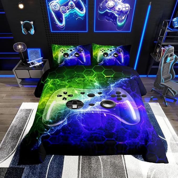 Smart Erosebridal Kids Boys Queen Size Bedding Set for Gamer Comforter Honeycomb Gaming Bedding for Teen Kids Lighting Gamepad Quilt Geometric Soft Video Game Room Decor with 2 Pillowcases Exceptional