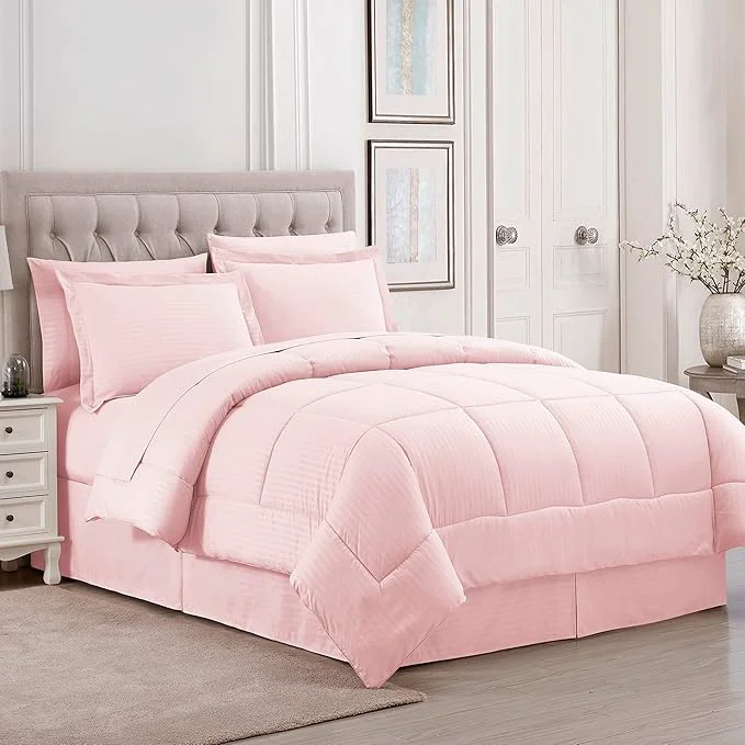 Smooth King Size Comforter Set 8 Piece Bed in a Bag with Bed Skirt Fitted Sheet Flat Sheet 2 Pillowcases 2 Pillow Shams King Dobby Pale Pink High-Quality