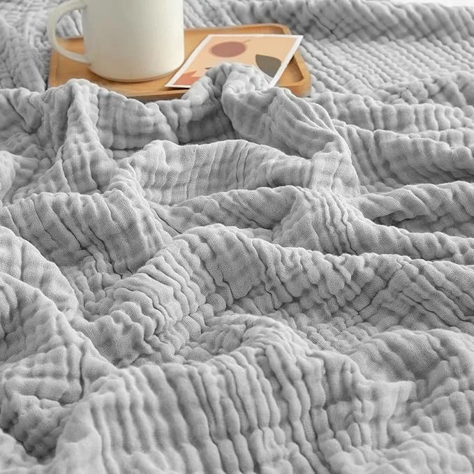 Excellent EMME Cotton Muslin King Blanket Bed Layering Bedspread Coverlet Breathable Gauze Soft Lightweight Light Grey 108 quot x90 quot Sustainable