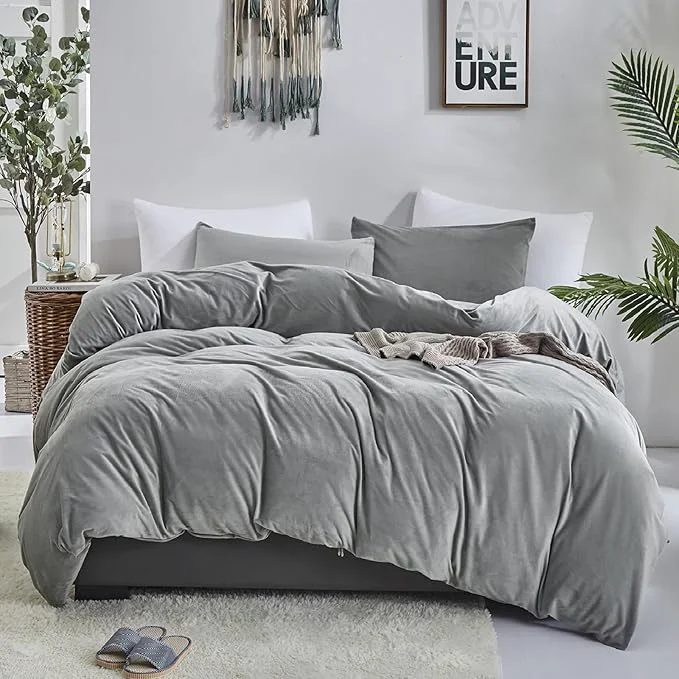 Contemporary Luxlovery Grey Velvet Comforter Set King Plush Fluffy Dark Grey Bedding Comforter Set Men Women Gray Flannel Winter Thick King Velvet Blanket Quilt Men Women Crafted
