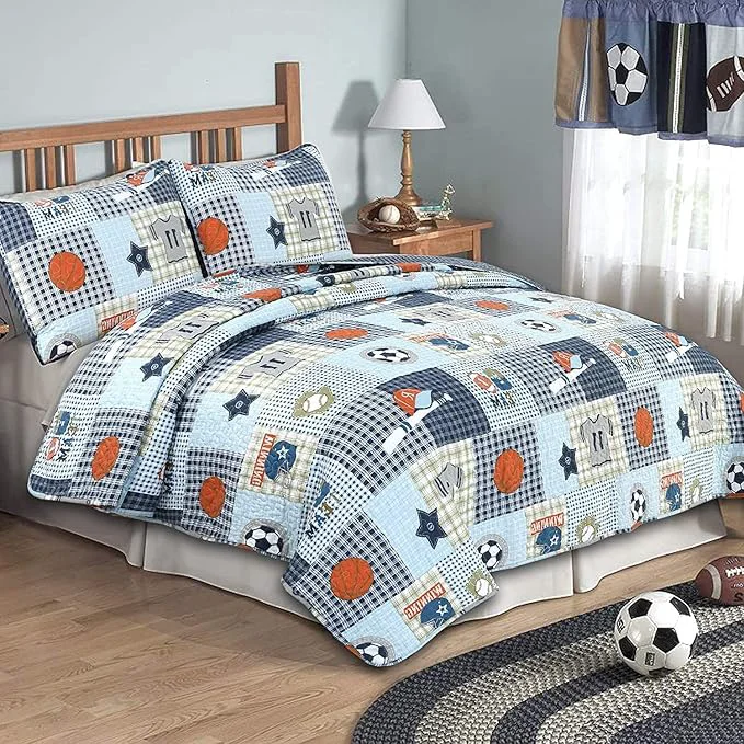 Traditional Cozy Line Home Fashions Blue Sports Baseball Basketball Soccer Ball Football Quilt Set Bedspread Coverlet for Boys Kids Sport Twin – 2 Piece Functional