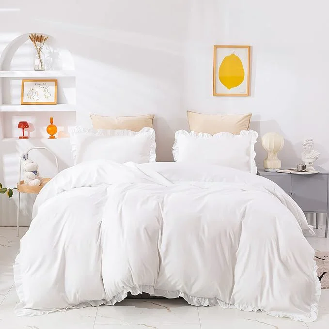 Next-Generation Luxlovery White Ruffle Comforter Set Twin Farmhouse Bedding Comforter Set Boho Shabby Chic Plain White Blanket Quilts Vintage Rustic Soft Breathable Bedding Set with Ruffles for Twin Bed Authentic