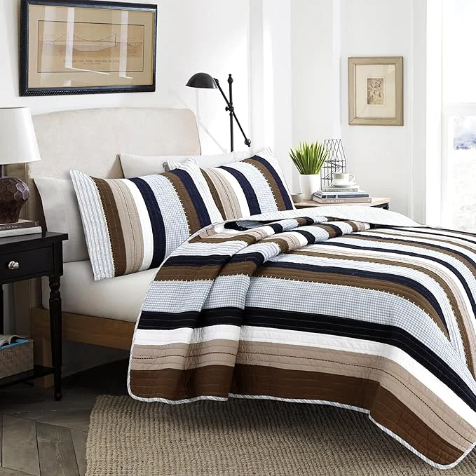 Comfortable Cozy Line Home Fashions Sailor Navy Blue Star Striped Print Cotton Reversible Bedding Quilt Set Nathan Stripe Queen Safe