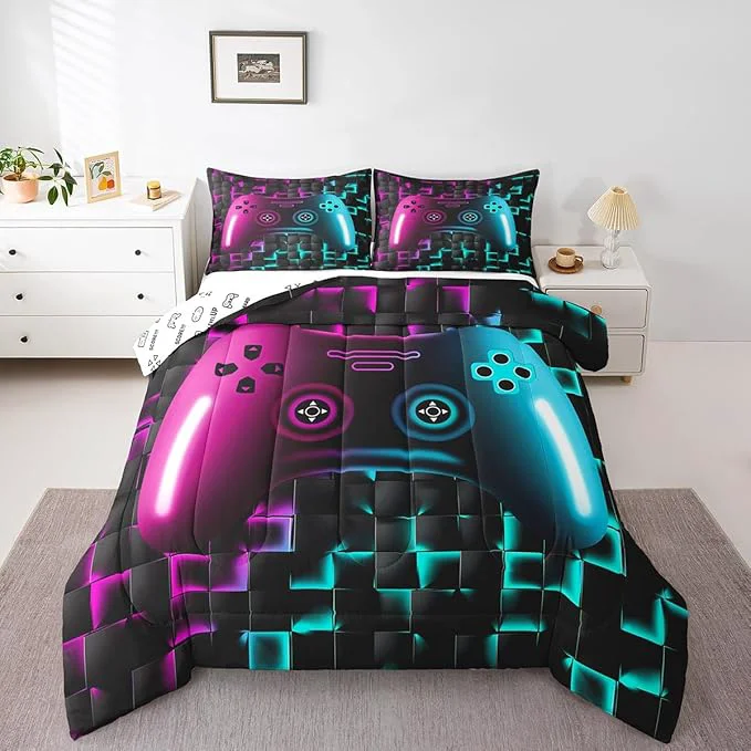 Innovative Erosebridal Gamer Bedding Sets for Boys Queen Size Comforter Sets for Boys Girls Kids 3D Gaming Geometric Comforter Game Console Lightweight Microfiber Duvet Quilt Neon Purple Teal Black Glowing Flexible