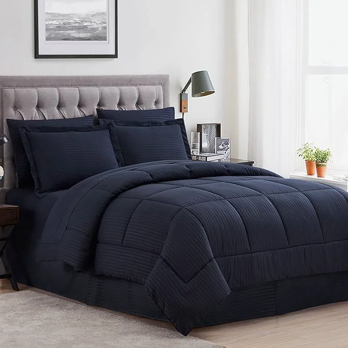 Dependable Twin Comforter Set 6 Piece Bed in a Bag with Bed Skirt Fitted Sheet Flat Sheet 1 Pillowcase and 1 Pillow Sham Twin Dobby Navy Eco-Friendly