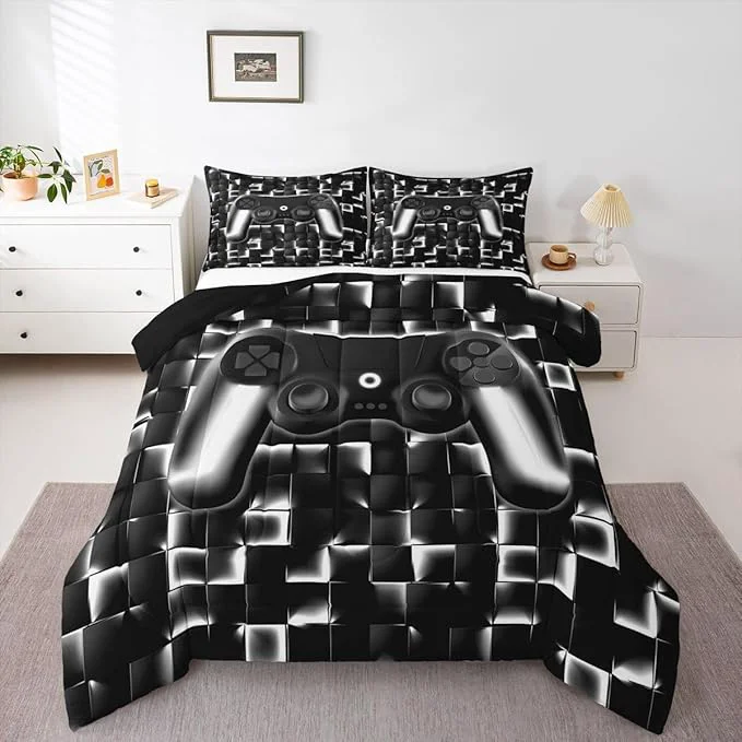Responsible Erosebridal Video Game Full Boys Bedding Set Gamer Kids Comforter Geometric Gaming Bedding Comforter Teen Men Neon Lights Checkered Game Console Bed Set Black White Gradient Gamepad Quilt 3 Piece Casual