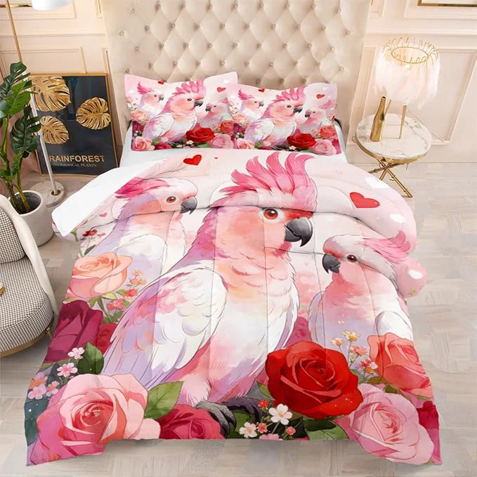Clean 3Pcs Queen Size Vintage Parrot Couple Comforter Set for Girls Romantic Pink Red Rose Bedding Set for Room Decor 1 Comforter 90 quot x 90 quot and 2 Pillowcases Fast