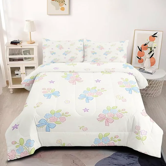 User-Friendly Pink Blue Floral Bedding Set King Size 3Pcs White Cute Cartoon Bows Comforter Set for Girls Women Bedroom Decor Includes Comforter 104 quot x 90 quot and 2 Pillowcases All Season Selected