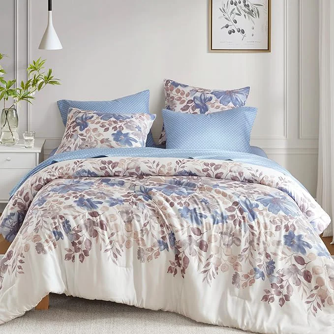Next-Generation Madison Park Essentials Full Comforter Set with Sheets Floral Bed in A Bag Microfiber Comforter for Full-Size Bed Shabby Chic Full Bedding Set Diamond Printed Sheet Luna Full Blue 7 Piece Consistent