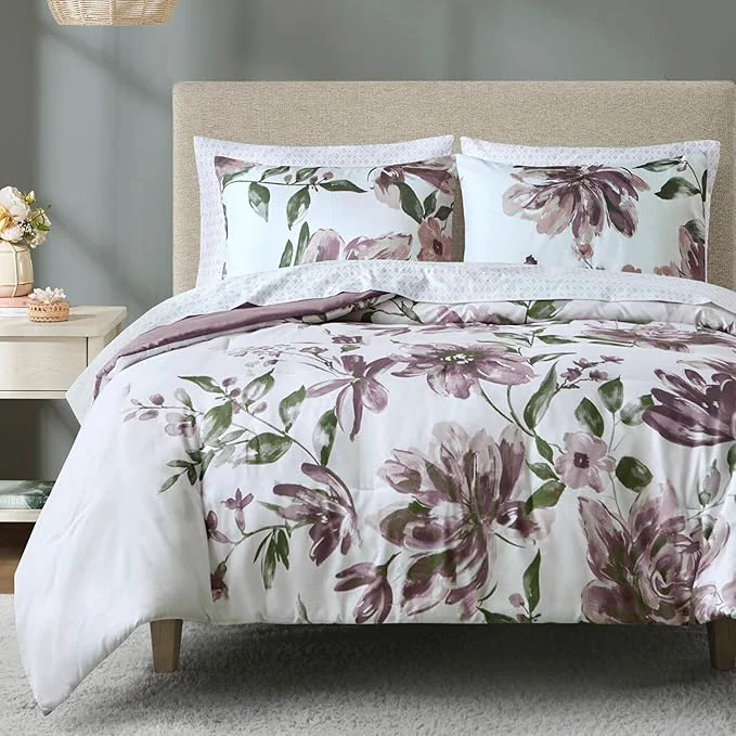Functional Madison Park King Comforter Set with Sheets Floral Print Microfiber Comforter Shabby Chic Bed in a Bag Set Diamond Printed Sheet Alice King Mauve 7 Piece Healthy