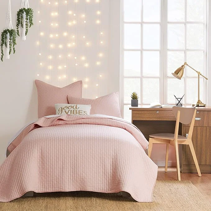 Durable Levtex Home Cross Stitch Reversible Twin XL Twin Quilt Set 68x86in with 1 Pillow Sham 26x20in – Stitch Texture – Blush – Cotton Twin Twin Size Quilt Bedding Set – Lightweight Soft Pre-Washed Secure