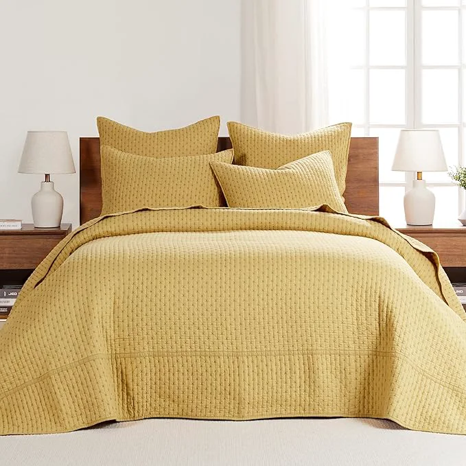 Relaxed Levtex Home Cross Stitch Reversible King Bedspread Set 120x104in with 2 Pillow Shams 36x20in – Stitch Texture – Ochre – Cotton King Size Bedspread Set – Soft Pre-Washed Recyclable