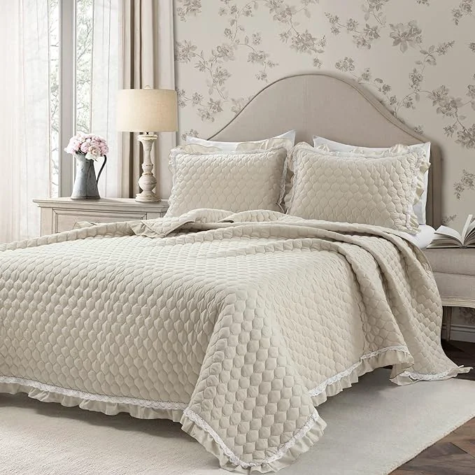 Easy-to-Use Lush Decor Ella Ruffle Lace Quilt 3 Piece Set King Neutral Cute Quilt – King Bedding Set – Beige Bedding – Coquette Decor – Neutral Ruffle Trim – Beige Lace Trim Carefully Designed